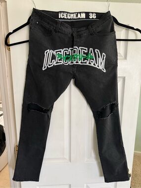 Icecream Black Slim Distressed Jeans with Green Logo